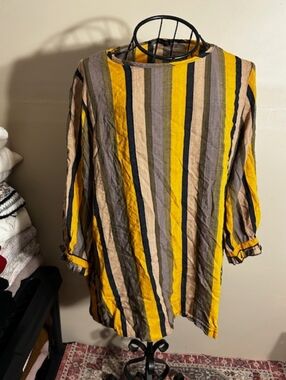Size xxl casual dress womens  shirt t print tan black yellow striped